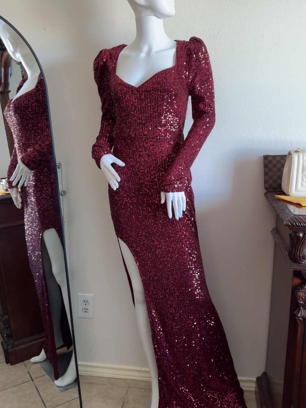 Long Burgundy Sequin Evening Dress with Sweetheart Neckline